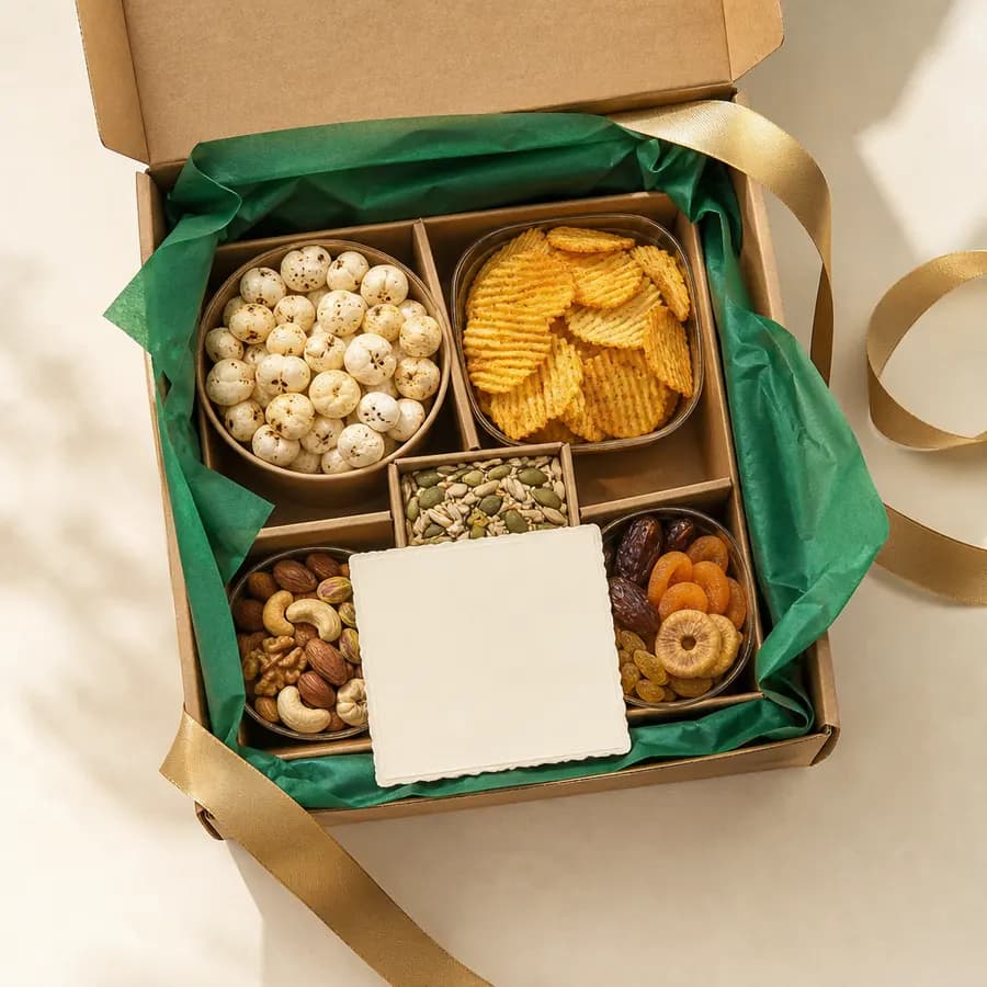 Top view of a curated healthy snack gift box